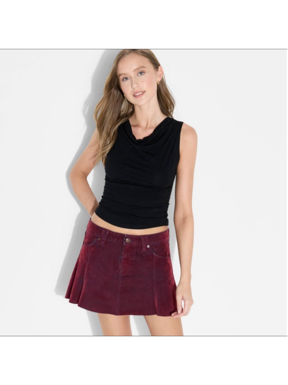 Wild Fable Burgundy Flare Mini Denim Skirt Size 14 NWT